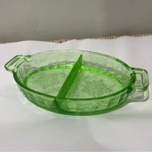 Jeanette Glass Co Poinsettia Uranium Green Depression Glass Oval 2 Part Dish